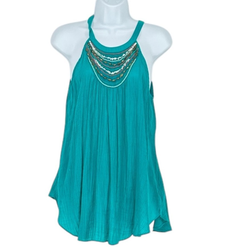 IZ Byer Teal‎ Halter Top Beaded Neckline Sleeveless Casual Tank Top Size L